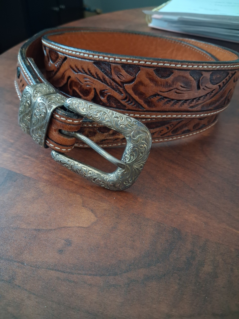 VOGT LEATHER BELT.  Western Classic Ranger Belt With Leaf Pattern